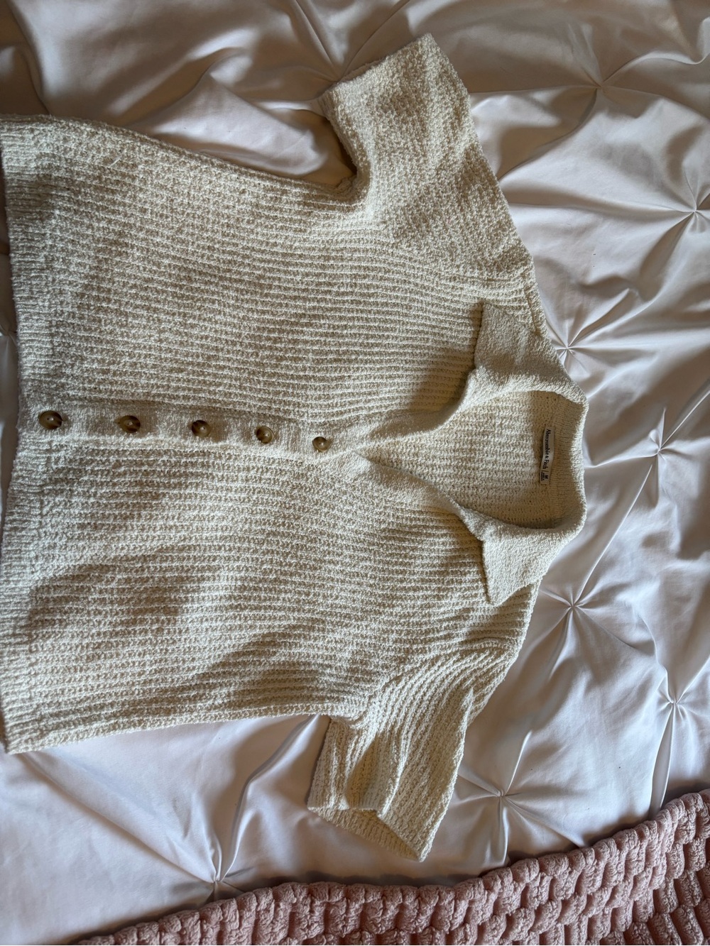 Abercrombie Cream Textured Short-Sleeve Button Sweater